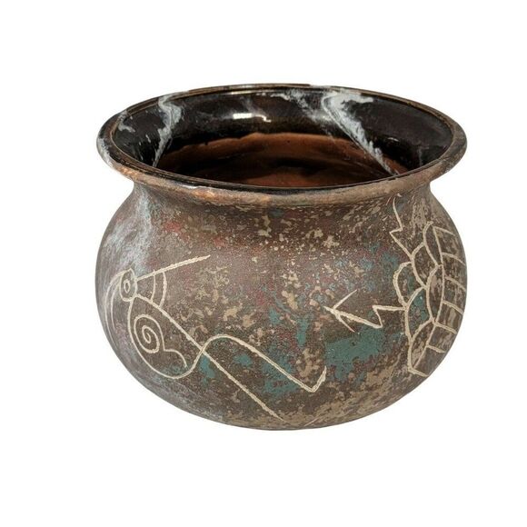 Vtg Kokopelli Petroglyph Studio Pottery Planter Bowl Tohono O'Odham ? NOT Signed - Picture 1 of 7